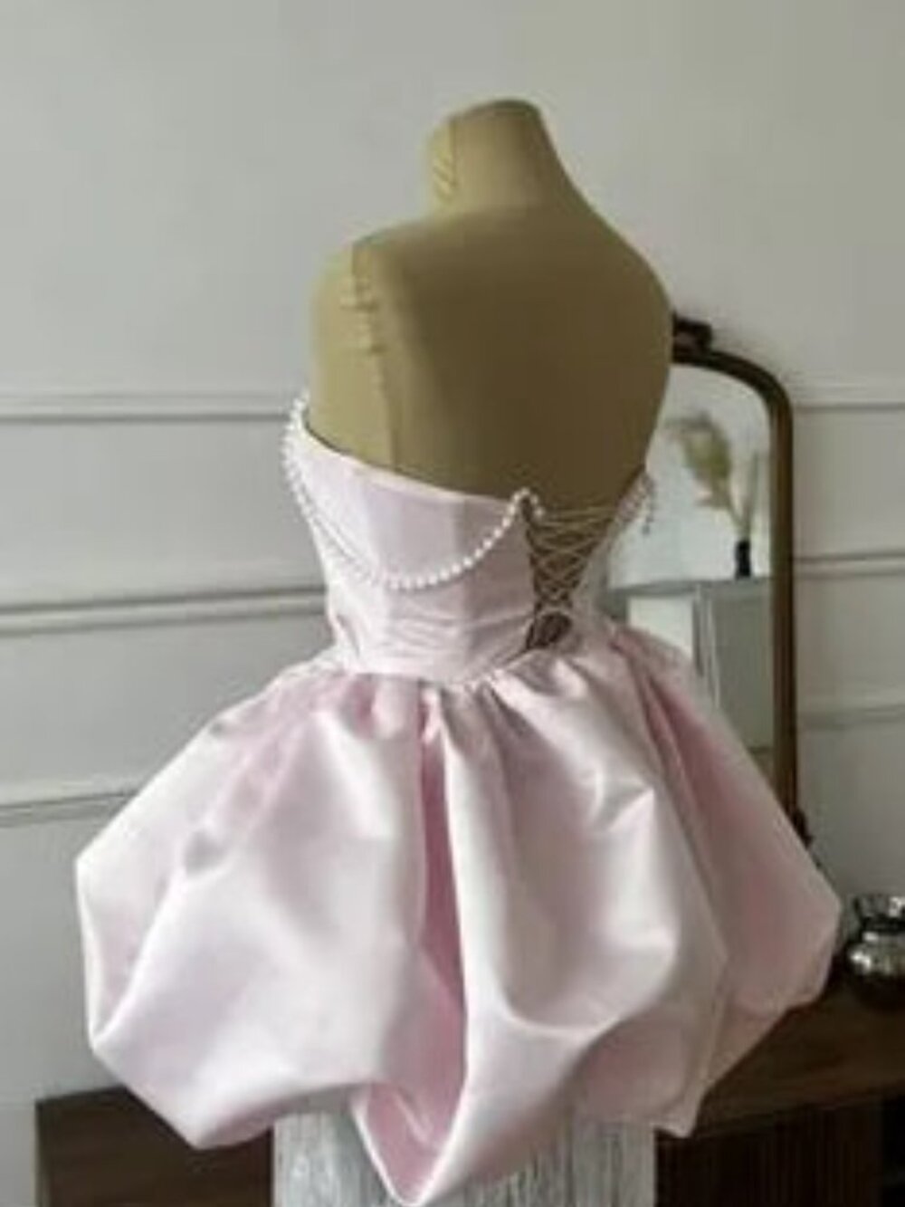 Pink Strapless Bubble Dress with Pearl Detailing - Picture 2 of 5